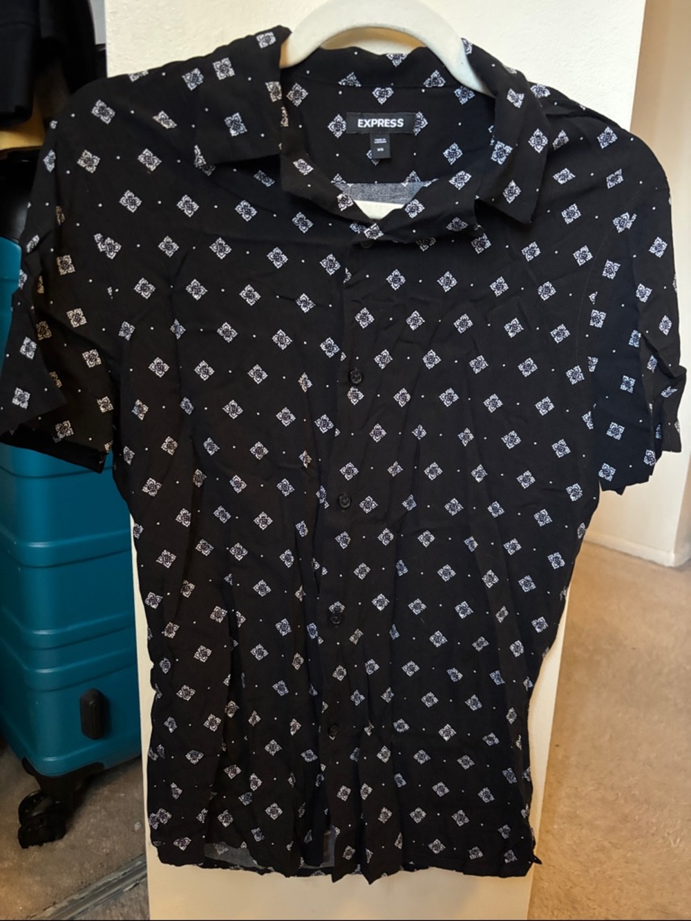 Express Black Short-Sleeve Button-Down Shirt with White Diamond Print
